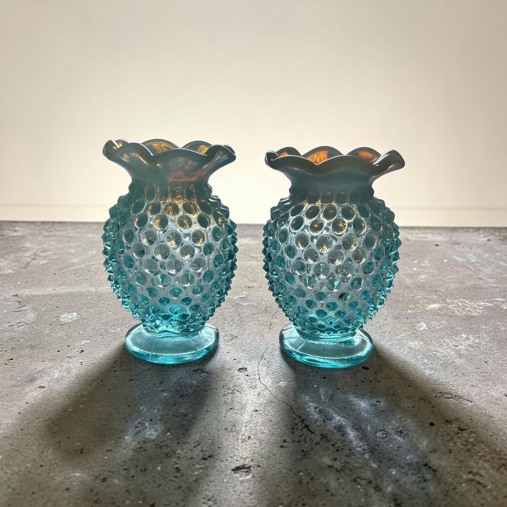 Vintage Pair-Fenton Blue Hobnail 3.5" Ruffled Opalescent Miniature Vases #100